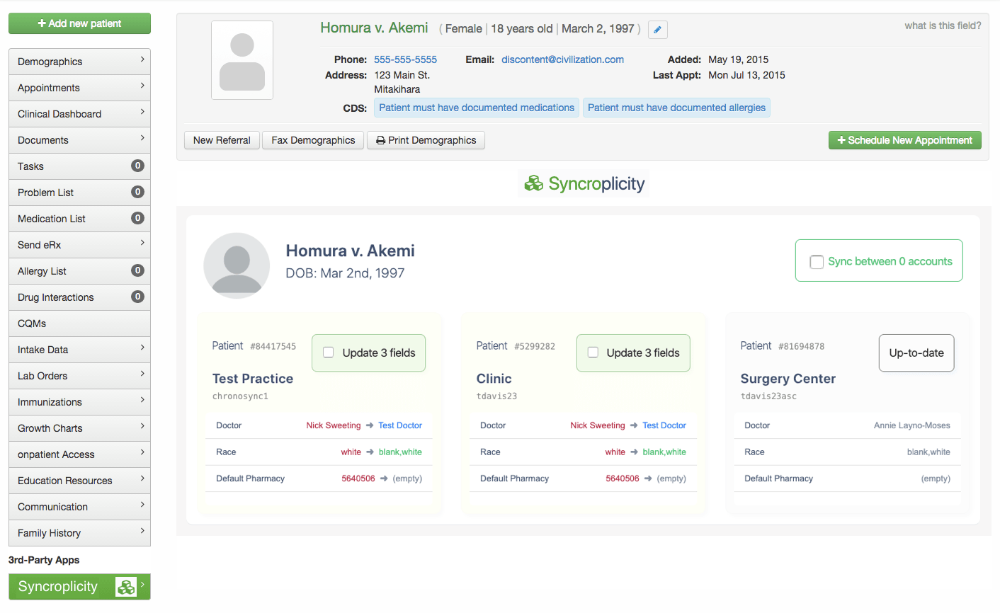 A screenshot showing a patient profile filled with test data being updated in Syncroplicity.